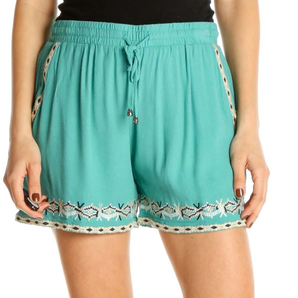 Anthropologie x Hei Hei Teal Embroidered Isle Shorts